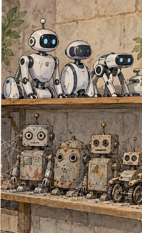 Old, dusty robots sit on a low shelf, two steps below newer, sleeker robots on a higher shelf.