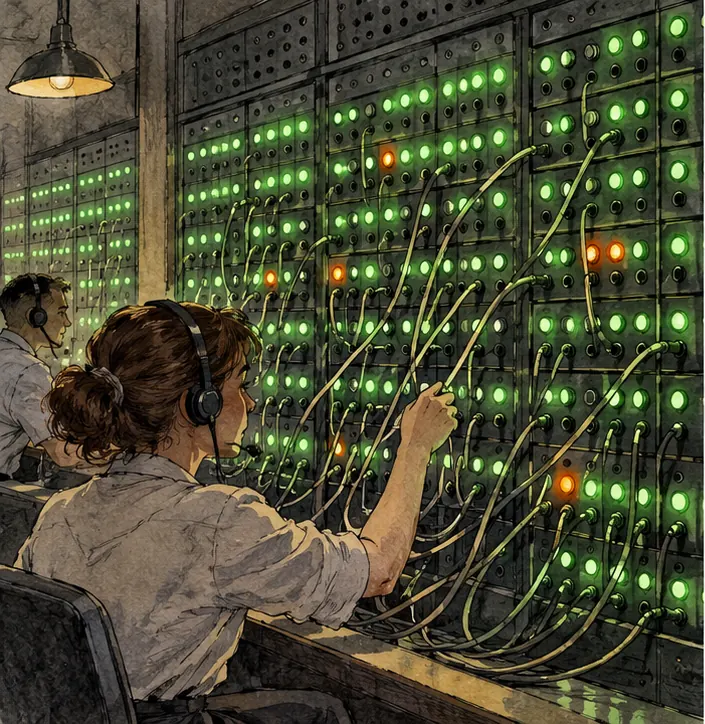 A switchboard of glowing phone lines, only a tiny few glowing in a different color for AI voices