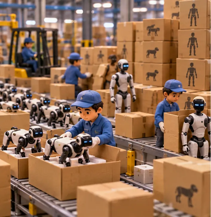 Four-legged robot dogs and humanoid robots being boxed for shipping in a Chinese factory, boxes piling high