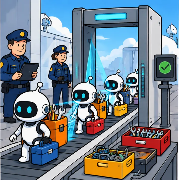 Scanners at a gate checking small AI agent robots and the toolkits they carry