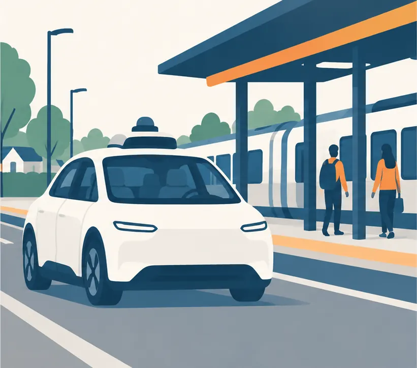 A driverless car with no one in the driver's seat stopping at a suburban train station